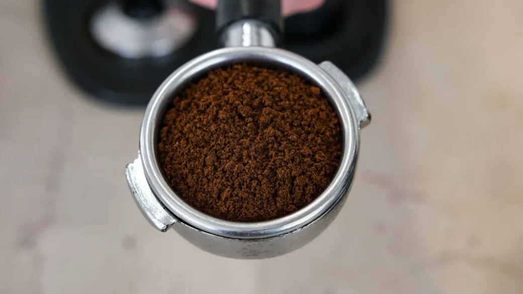 A double espresso pouring against a stopwatch reading the shot time