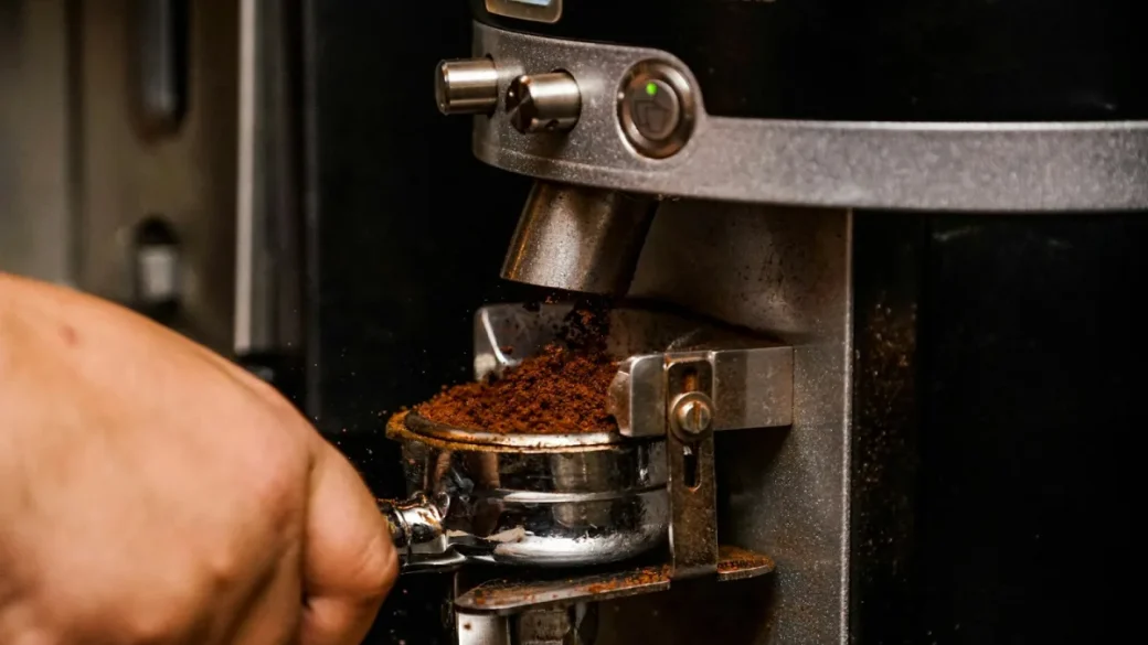 A level tamp pressed straight down into a 58mm portafilter basket